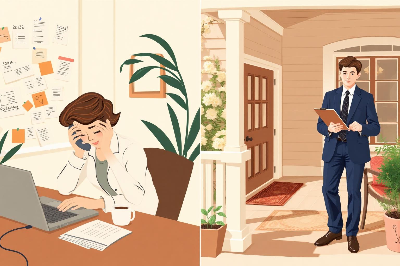 Side-by-side illustration of a stressed DIY host versus a relaxed homeowner with a professional manager